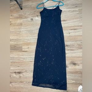 VINTAGE Byer Too! Navy Shimmery Long Gown, Spaghetti Straps, Stretchy, Size Sm